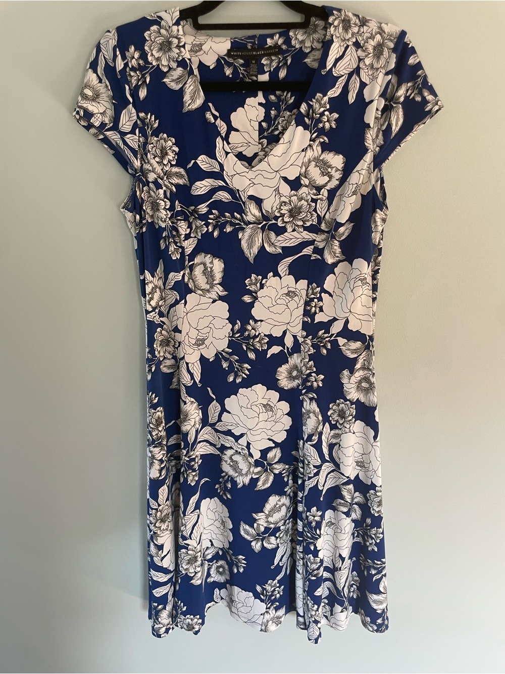 White House Black Market Floral Fit & Flare Dress in Navy and White